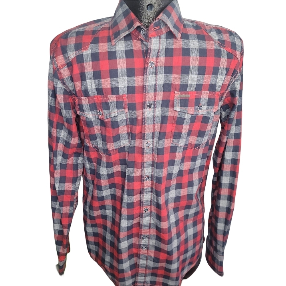 Point Zero Men's Red and Blue Plaid Shirt Size M